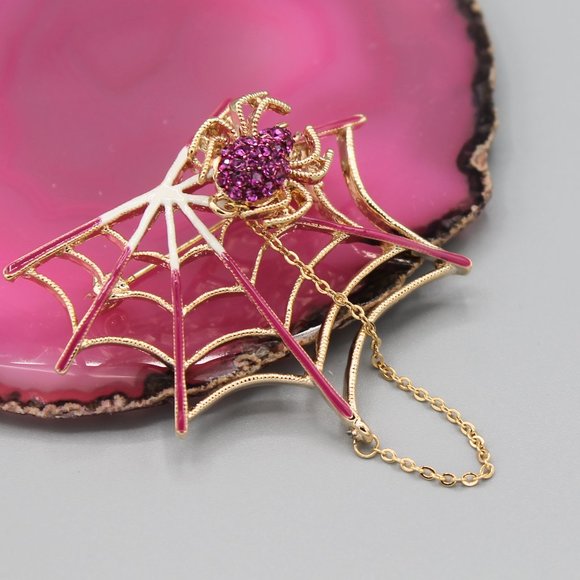 Jewelry - Pink & gold tone spider spiderweb pin brooch